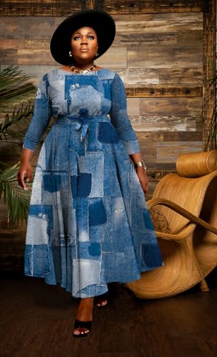 Image of BFFBABY Women's Wrap V Neck Plus Size Maxi Dresses 3 /4 Sleeves Chain Floral Printed Swing Dress with Belt