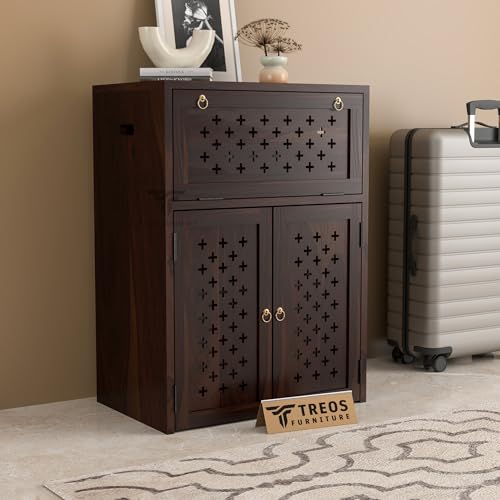 Image of Solid Sheesham Wood Inverter Cabinet | Rosewood Inverter Stand with Ventilated Doors & Foldable Front Panel | Multipurpose Storage Cabinet for Home & Office (Walnut Finish)