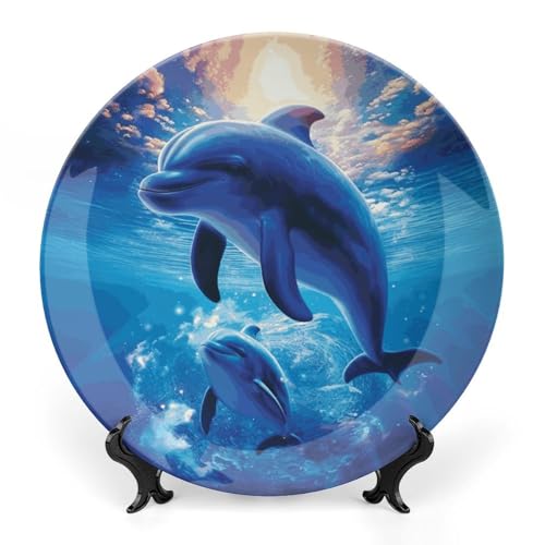 Assiette décorative dauphins en céramique, le cadeau idéal avec support - 2