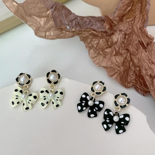 Bow Earrings for Women Pearl Dangle Jewelry, Black White Trendy Earrings Lightweight Minimalist Accessories Gift Versatile Day to Night4