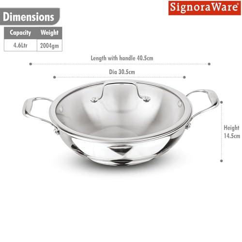 Image of Signoraware Artista Tri Ply Stainless Steel Shallow Kadhai 28cm with Glass Lid | Induction & Gas Compatible | Durable | Ideal for Stir Frying & Sauteing | Best for Curry & Gravies (4.6 LTR | Steel)