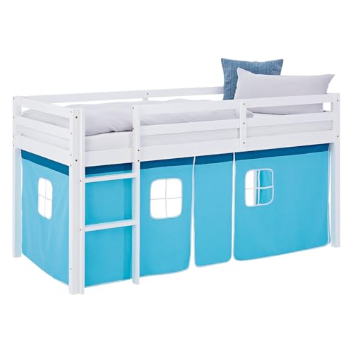 Homestyle4u Hochbett 90x200 blau hellblau Vorhang Kinderbett mit Rausfallschutz Holz Kiefer Massiv Lattenrost