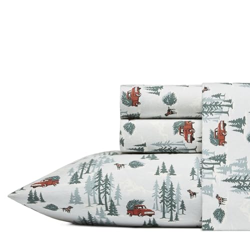 Image of Eddie Bauer - Flannel Sheets Queen Size, Anti-Pilling & Wrinkle Resistant Cotton, Touchably Soft for All-Season Comfort - Bed Sheets with Matching Pillowcases & Fitted Sheet (Tree Farm Light Blue)