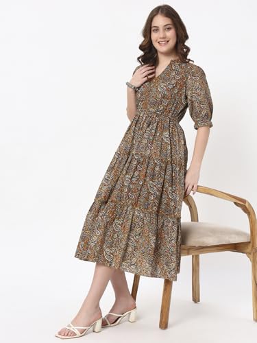 Image of Women's Fit and Flare Dress I Pure Cotton Long Summer Maxi Dress I V-Neck I Casual Wear I Printed Kalamkari Floral Middi