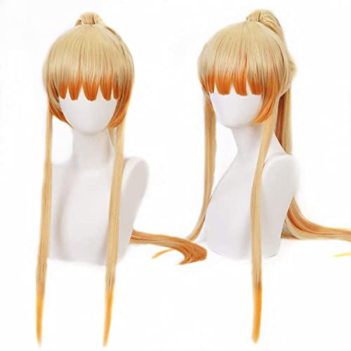 Liamiona Agatsuma Zenitsu Cosplay Anime Perruque Synthétique Cheveux Long Jaune Queue de Cheval Halloween Party Costume Perruque avec Cap de Perruque Cover