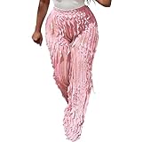CALEBGAR Women's Sexy Wide Leg Palazzo Pants High Waisted Wavy Pattern Ruffle See Through Casual Loose Trousers Pink