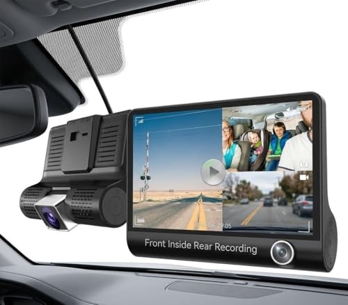 Image of 3 Channel Dash Cam Front Inside Rear 1080P Car Camera with 4 Inch IPS Display, 170 Wide Angle, Loop Recording, G-Sensor, Parking Monitor, Night Vision Dashcam for Car Security