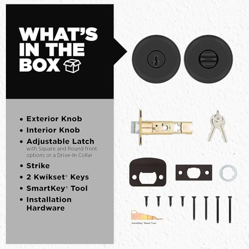Image of Kwikset Maven Entry Door Knob with Lock and Key, Secure Keyed Handle Exterior, Front Entrance and Bedroom, Matte Black, Pick Resistant SmartKey Rekey Security and Microban (Pack of 4)