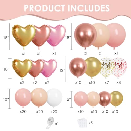 Image of Zesliwy Rose Gold Pink Balloon Arch Kit,Light Pink Nude White Metallic Gold Balloons Garland Rose Gold and Gold Confetti Balloons with Heart Balloon for Wedding Bridal Shower Birthday Party Decor