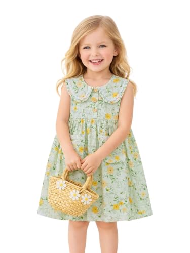 Image of HILEELANG Girls Cotton Dress Sleeveless Peter Pan Collar with Pockets | Soft Cotton, Functional Buttons, Front Pockets, Peter Pan Collar, Ric Rac Trim for Toddler & Little Girls