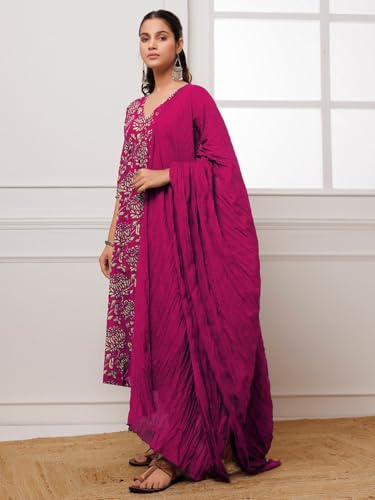 Image of GoSriKi Women's Cotton Blend Anarkali Printed Kurta with Pant & Dupatta