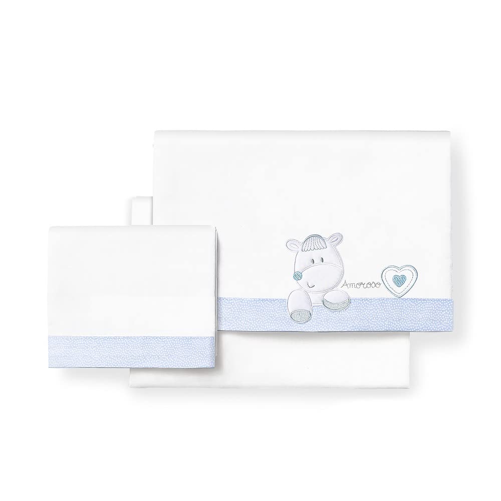 various Juego De Sábanas para Cuna 60 x 120 cm, Bebe Primavera y Otoño Tipo 100% Algodón Extrasuave Fafricado en España-INTERBABY(Bajera+encimera+Funda Almohada)-Corazon Amoroso Blanco/Azul