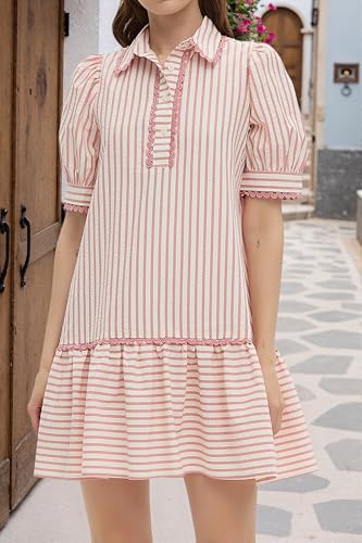 Image of EZAPINE Women Striped Shirt Dress Summer Button Down Collared Short Puff Sleeve Ruffle Hem Casual Flowy Mini Dress