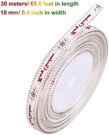 98.4 Feet White Merry Christmas Ribbon Roll for Craft Gift Wrapping Xmas Snowflake Ribbon for Present Packaging Holiday Party Decorations Favors Supplies, 10 mm Wide