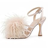 BCTEX COLL Women's Heeled Sandals Fluffy Feather Square Open Toe Ankle Strap Sexy Stiletto High Heels for Wedding Party Dance Evening, Nude, Size 8