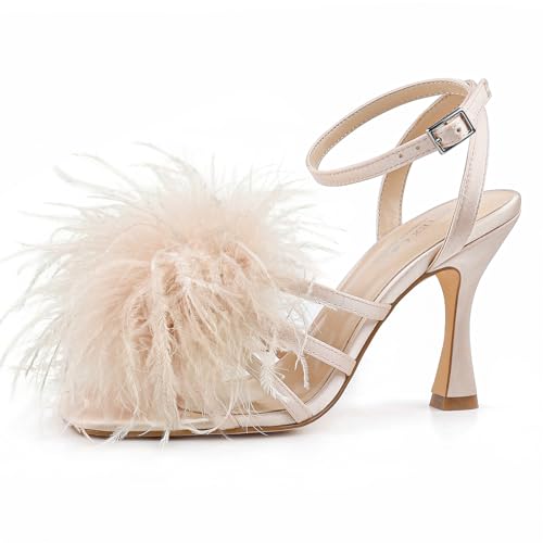 BCTEX COLL Womens Heeled Sandals Fluffy Feather Square Open Toe Ankle Strap Sexy Stiletto High Heels for Wedding Party Dance Evening Nude Size 8.5