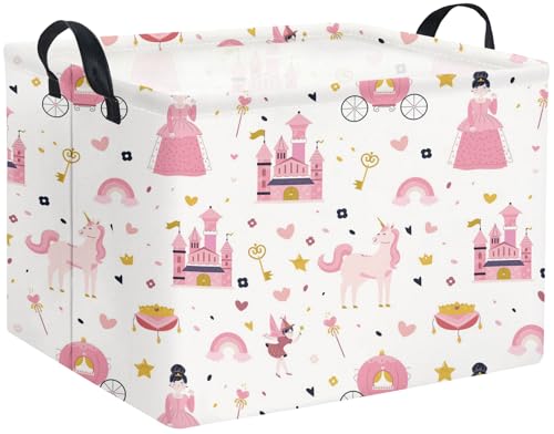 Image of Rectangular Kids Storage Basket Baby Storage Basket with Handles for Home Kitchen Boys and Girls Cute Toy Storage Bin Organizer Shelf Book Room Decor(Princess Castle)