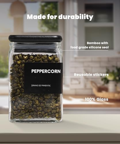 APT 1101 Glass Spice Jars with Labels, 4oz Glass Jars with Bamboo Lids, Square Spice Jars with Labels, Empty Spice Bottles for Seasoning Organizer, Spice Drawer Organizer, 12 Pack (Black)