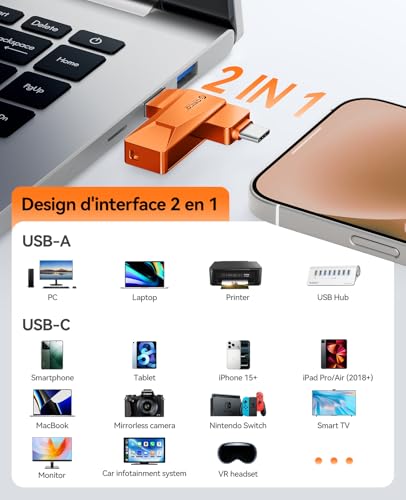 Clé USB 128 Go USB 3.2 type C compatible Mac et tablette Android, transfert 150 Mo/s