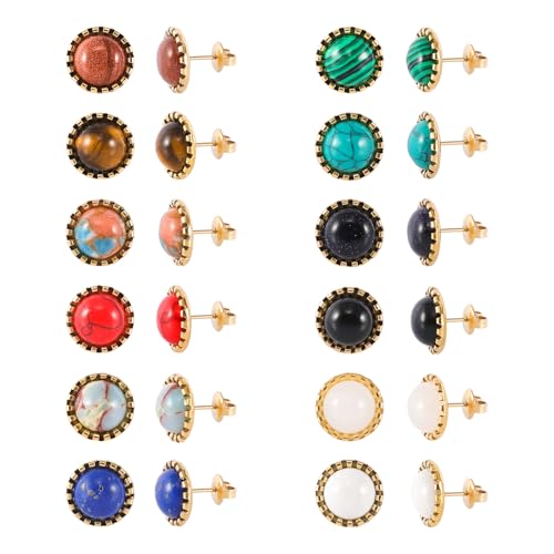 12 Pairs Multi Gemstone Stud Earrings Gold Plated Stainless Steel Turquoise Tiger Eye Onyx Lapis Lazuli Malachite Stone Stud Earrings Set for Women