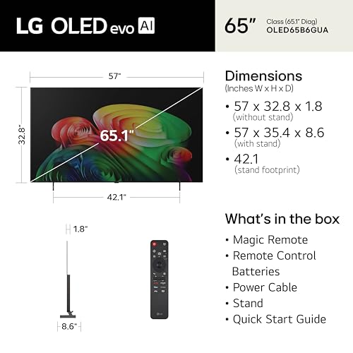 Image of LG 65-Inch Class OLED AI 4K B6 Series Smart TV w /Dolby Atmos, Dolby Vision, HDR10, AI Super Upscaling 4K, Filmmaker Mode, Wow Orchestra, Compatible with Alexa (OLED65B6GUA, 2026)