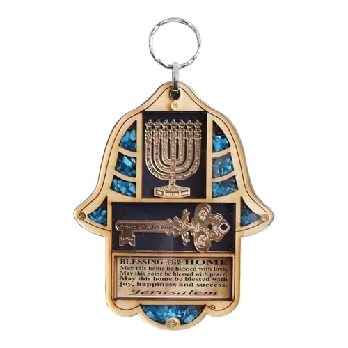 Jewish Wooden Hamsa Menorah Blessing for Home - Good Luck Wall Decor with Simulated Turquoise
