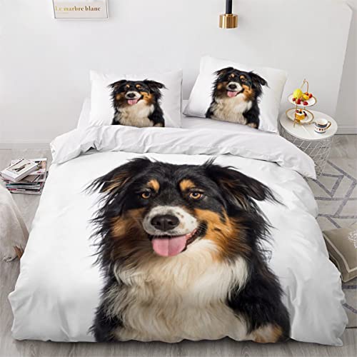 Australian Shepherd weiß Bettwäsche Set 3D Motiv Bettbezüge 135x200 mit Reißverschluss Mikrofaser Weiche 3 Teilig mit 2 Kissenbezüge 80x80cm Jungen und Mädchen Cover