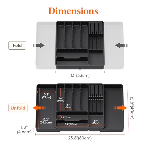 Lifewit Cutlery Drawer Organiser, Expandable Tray with Knives Holder for Kitchen Storage, Cutlery Organiser Insert for Spoons, Forks, Utensil, 1 Pack, Black