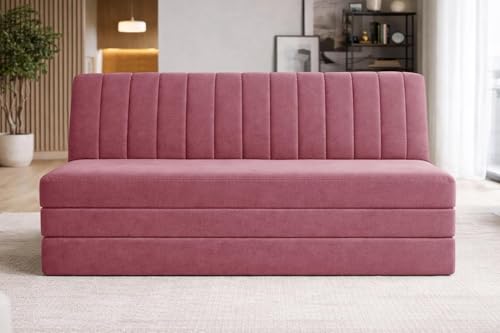 Image of Three-Seater Floor Sofa Bed with Adjustable Backrest, Modern Velvet Fabric Folding Couch for Living Room, Guest Room & Small Spaces-Rose Pink
