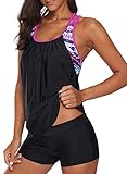Aleumdr Damen Tankini Set Push up Damen Sport Tankini Badeanzug Bauchweg Damen Zweiteiler Bademode Set Sportlich Badeanzüge Damen Tankini Oberteil mit Badeshorts Schwimmanzug mit Cups,Lila L