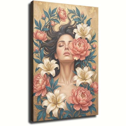 Sdaraznit Art Nouveau Woman Portrait Canvas Wall Vintage Peony Lily