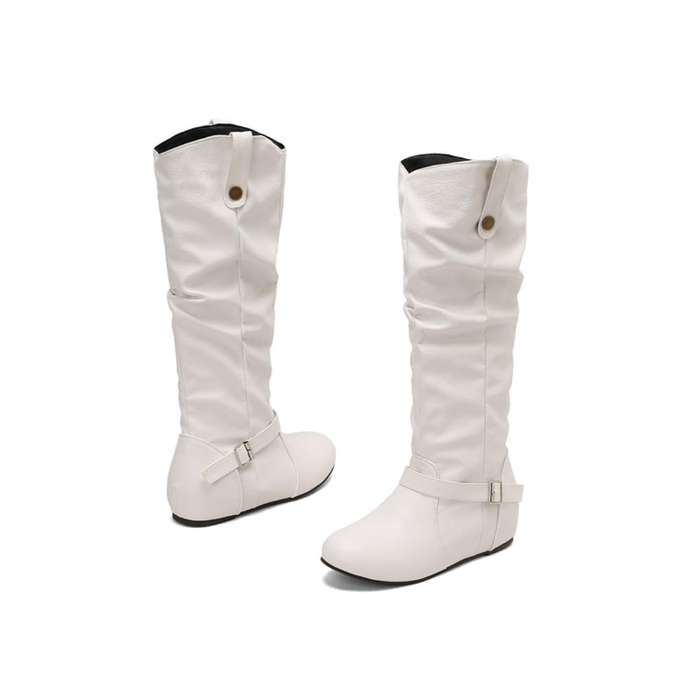 Knee High Boots Womens Extra Wide Round Toe Internally increased high heels Pleated Long Boots