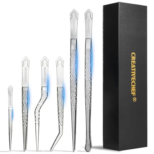 CREATIVECHEF 6Pcs Titanium Cooking Tongs Set - Professional food tongs for Plating, Lightweight Professional Chef Tweezers for cooking (silver)