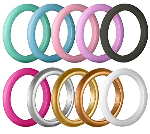 AZYOUNG Womens 3mm Wide Dome Top Silicone Wedding Ring 10pcs Pack Pink Gold Stackable Rubber Bands - US Size 4-8