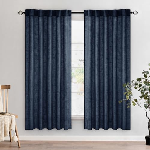 MIULEE Navy Blue Linen Curtains 72 Inch Length 2 Panels for Bedroom Living Room, Soft Thick Linen Textured Natural Window Drapes Semi Sheer Light Filtering Back Tab Rod Pocket Burlap Look Decor