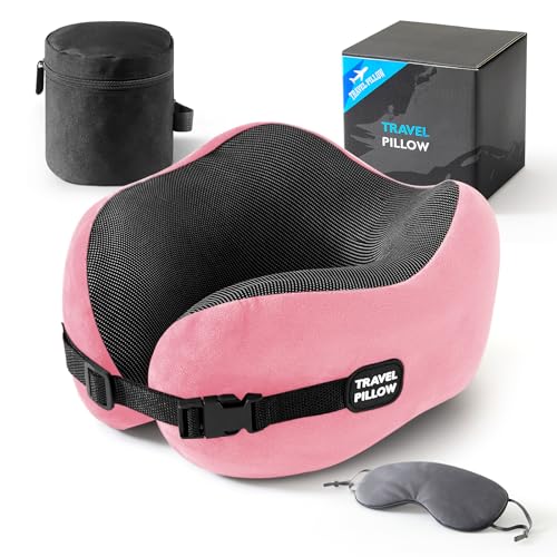 Image of Neck Pillow Travel Pillow - 100% Pure Memory Foam Airplane Pillow with Adjustable Clasp & Removable Cover, Portable Travel Essentials for Long Flights, Car & Office (Pink, with Eye Mask)