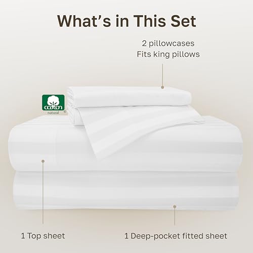 Image of California Design Den 500TC 100% Cotton King Size Sheets Set, White Stripe | Good Housekeeping Seal, OEKO-TEX Certified, Silky-Soft Sateen Weave, 4pc Set, 16 inch Deep Pockets, For Hot Sleepers, All-Season