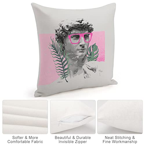 Throw Pillow Cover 18X18 Inch，Renaissance David Sculpture Stylish Trendy Pink Glasses Square Throw Pillow Cases，Artwork Hipster Ancient Abstract Polyester Throw Cushion Covers For Couch Sofa Bedroom #TOP3