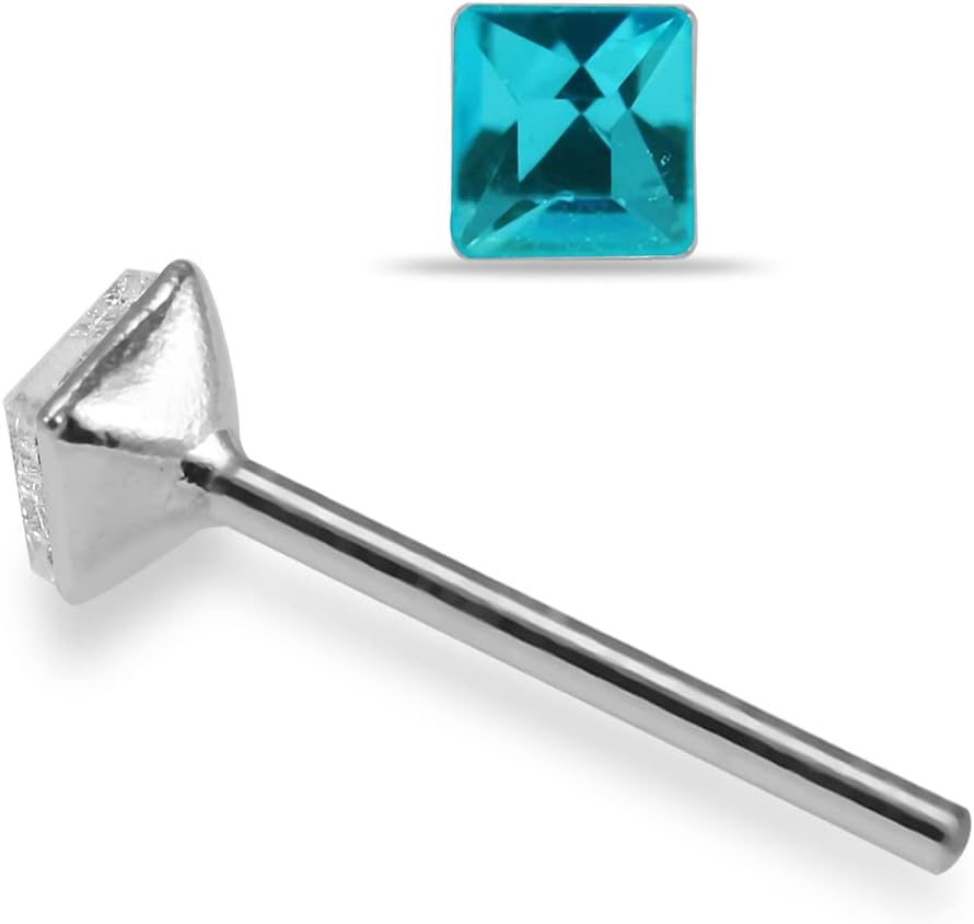 Square Crystal Stone 22 Gauge 925 Sterling Silver Straight Nose Pin - Nose Stud - Tiny Nose Ring - Nose Piercing Body Jewelry