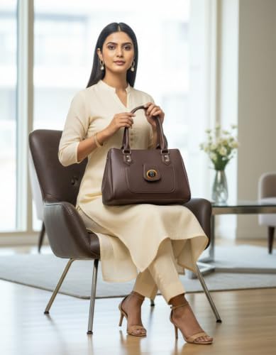 Image of Women's PU Leather Shoulder Handbag | Spacious 3 Compartment Tote Purse with Zip Closure & Multiple Pockets | Top Handle Office College Travel Handbag | 30 x 25 x 12 cm