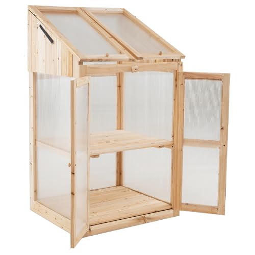 TANGZON Wooden Greenhouse, Transparent Polycarbonate Glazing Cold Frame with Flip-top Roof, 2 Doors & Removable Shelves, Outdoor Mini Plant Grow Green House for Garden Patio (69 x 58 x 121cm)