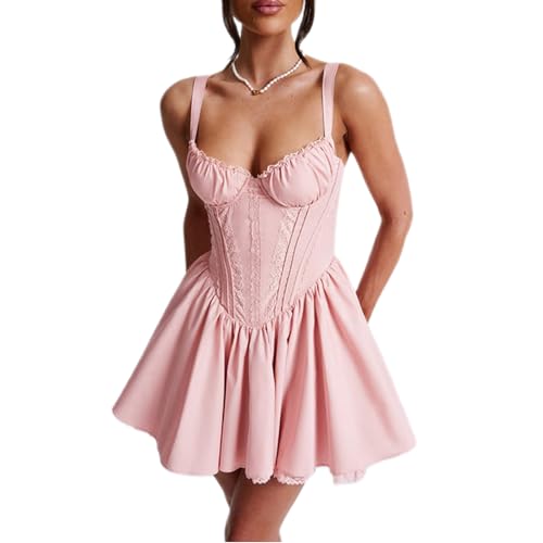 Damen Cami Minikleid Ärmellos V-Ausschnitt Rücken Große Schleife Flowy A-Linie Kleid Sommer Ausgehen Korsett Kurze Kleider Clubwear, A-Pink, M