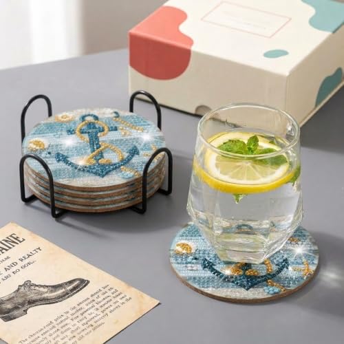 Image of HASTHIP 8 Pcs Diamond Painting Coasters Kits, Exquisite Diamond Painting Coasters with Holder, DIY Art and Crafts for Adults Kids Style Acrylic Beach Style Coaster DIY Art Kit for Adults Home Decor