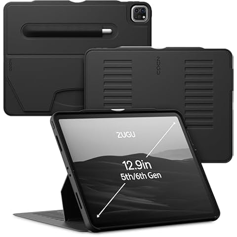 ZUGU Case for iPad Pro 12.9 Case 5th / 6th Generation Case 2021/2022 | Slim Protective Case with Wireless Apple Pencil Charging | Magnetic Stand & Sleep/Wake Magnetic Cover | Stealth Black Cover