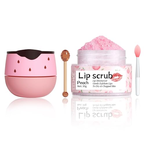 VolksRose Dúo de Cuidado Labial Frutal - Scrub de Melocotón y Mascarilla de Fresa con Palito de Miel y Pincel - Para Labios Secos, Agrietados y Líneas Finas