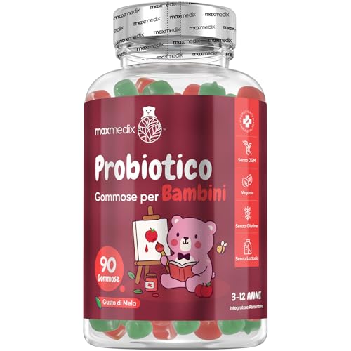 Fermenti Lattici Bambini in 90 Caramelle Gommose Vegane,1 Miliardo di CFU, Bacillus Coagulans, Inulina 100μg, Polvere di Spinaci, Concentrato di Succo di Verdure, Gusto Mela, Senza Lattosio e Glutine