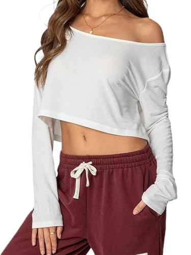 SANSIWU Women's Off the Shoulder Cropped Sweatshirt Long Sleeve Asymmetrical Neck Oversized Crop Top (White, M)