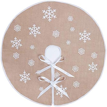 MACTING Countryside Burlap Tree Skirt Christmas White Snowflake Printed Xmas New Year Holiday Decorations Indoor Outdoor (Khaki, 35")