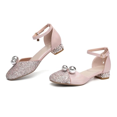 Little Kids Girls Dance Shoes Sparkle Dress Pumps Glitter Sequins Princess Low Heels Bows Mary Jane Party Dance Shoes Rhinestone Sandals, Model DS-18683
