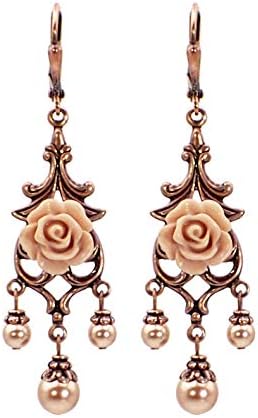 Blush Resin Rose Chandelier Earrings with Rose Gold-Colored Crystal Simulated Pearls